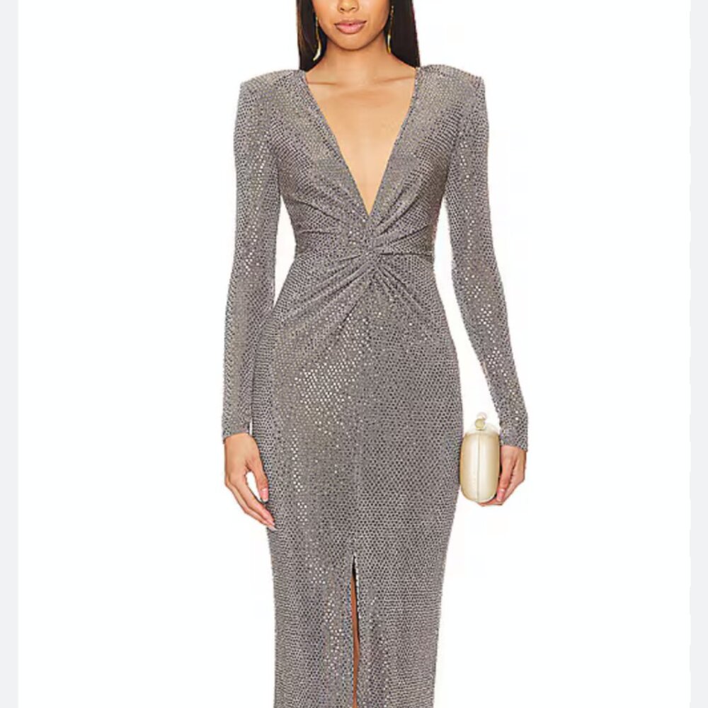 L'Agence Rosetta Silver Sequin Twist-Front Gown - Maxi Length, Small, NWT